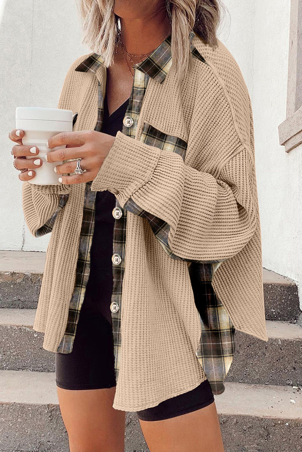 Dark Apricot Plaid and Thermal Waffle Patchwork Shacket