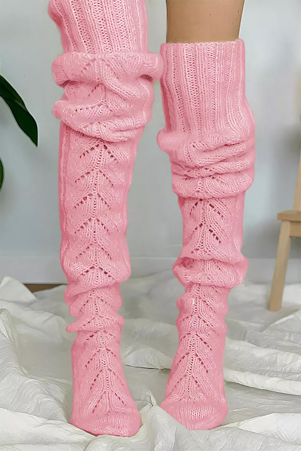 Dropshipping Pink Fishbone Hollowed Knit Over Knee Long SOCKS
