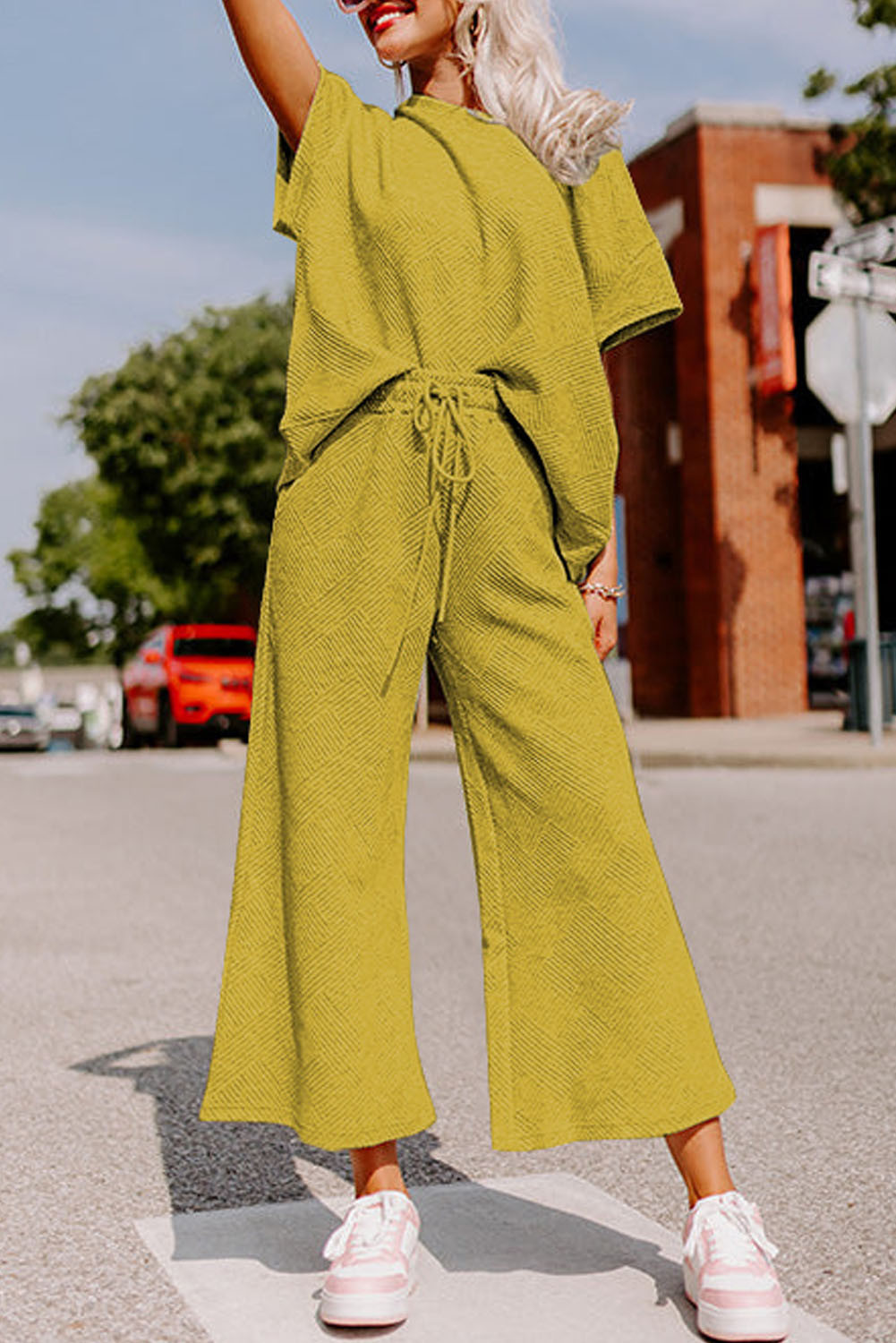 Yellow Textured Loose Fit T Shirt and Drawstring Pants Set