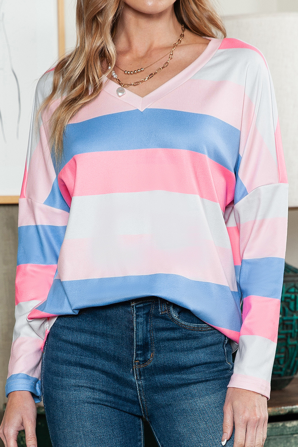 Pink Striped Colorblock V Neck Long Sleeve Top