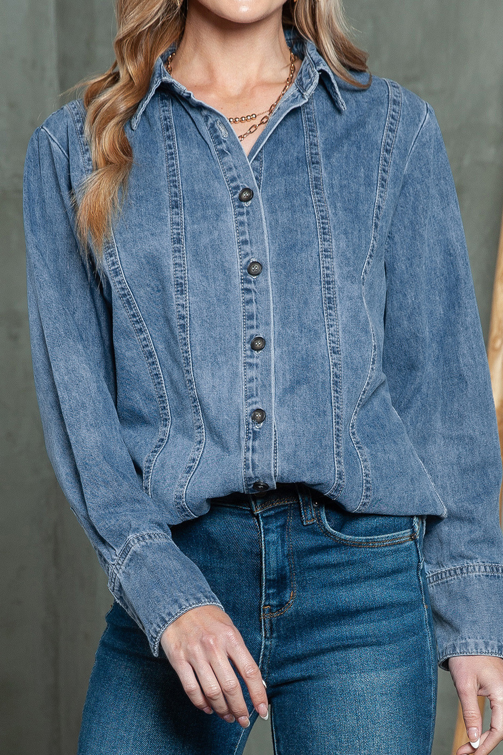 Blue Basic Collared Button Up Denim Shirt