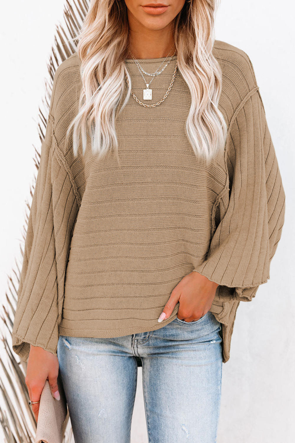 Brown Ribbed Knit Exposed Seam Dolman Sweater
