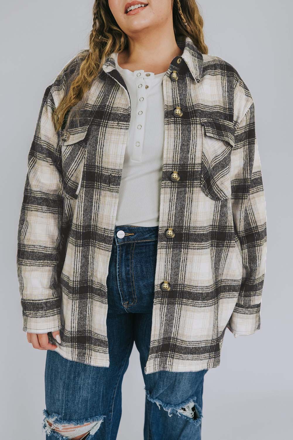 Black Plus Size Brushed Plaid Flap Pocket Shacket