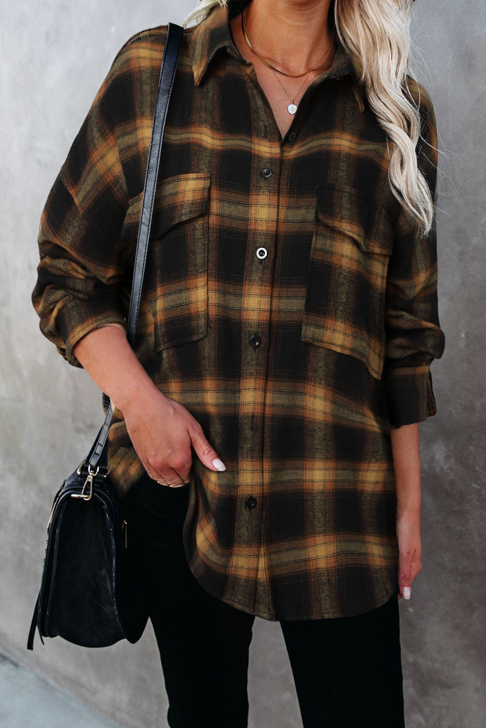 Brown Plaid Pattern Flap Pockets Csual Shirt