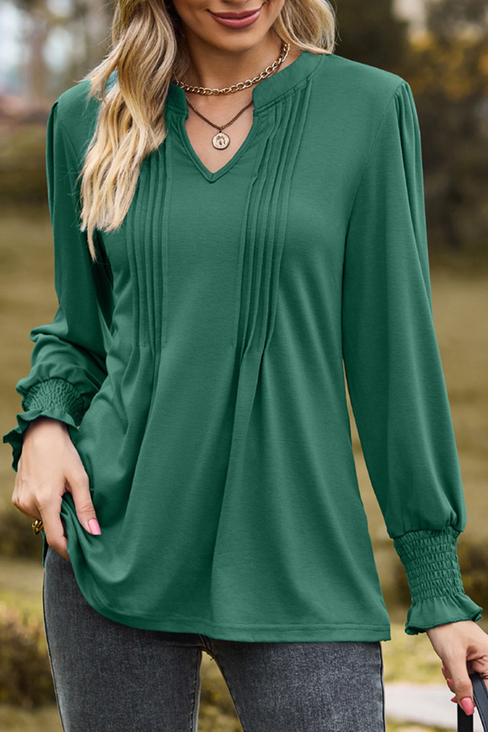 Mist Green Pleated Shirred Cuffs Tunic Top