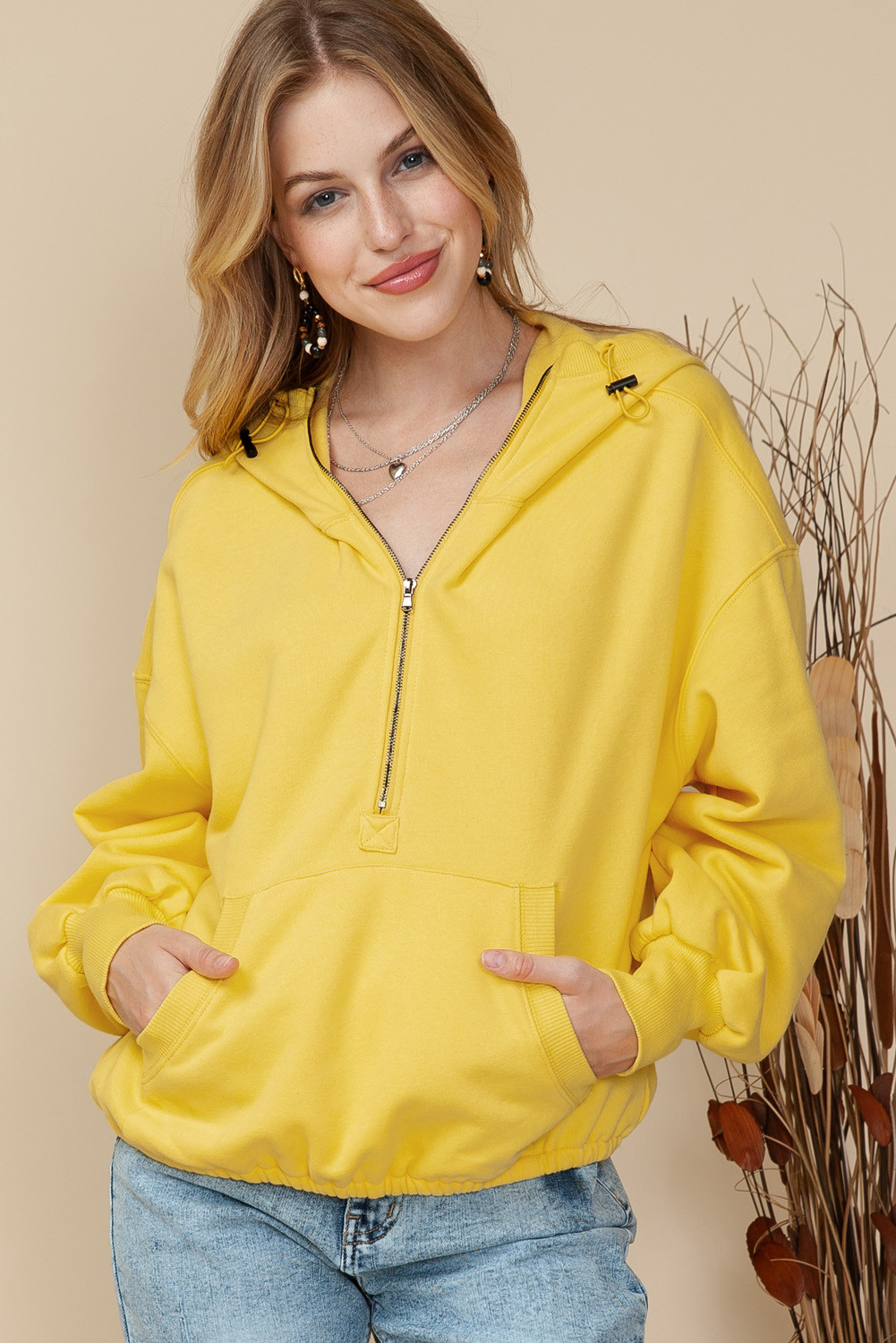 Yellow Solid Color Half Zip Pullover Hoodie with Kangaroo Pocket