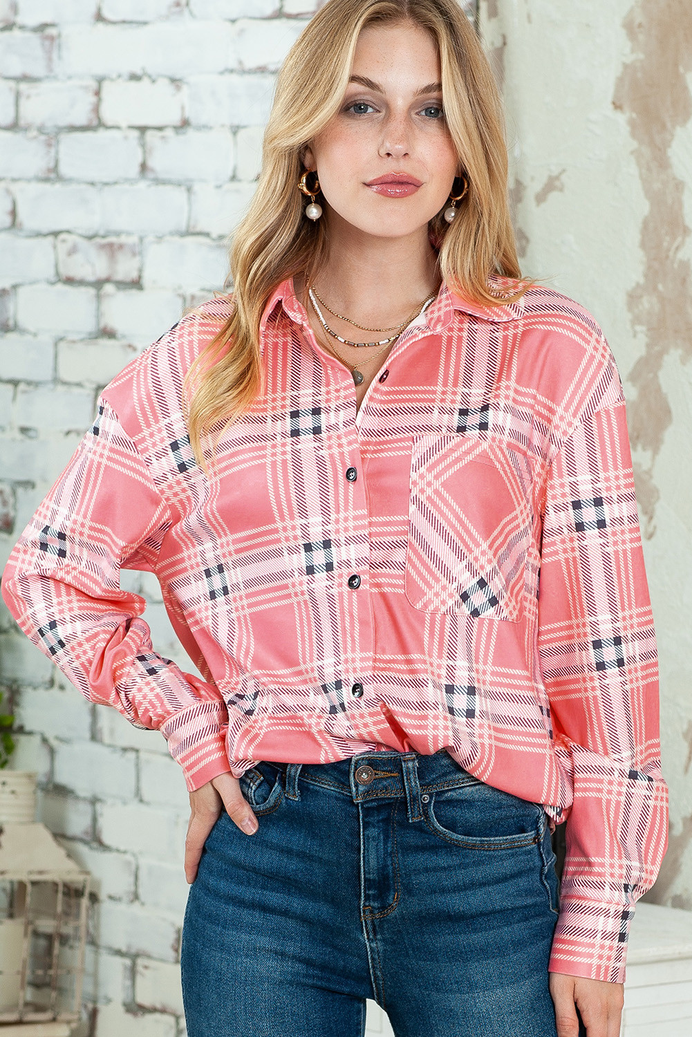 Pink Casual Plaid Print Button Front Shacket
