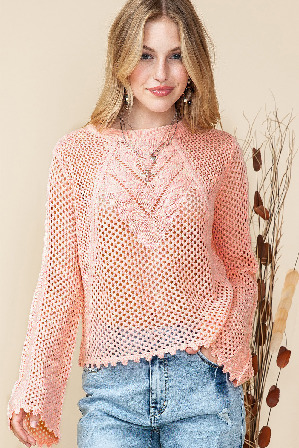 Pink Hollowed Eyelets Knit Bell Sleeve Sweater