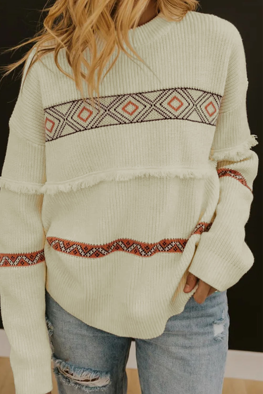 White Geometric Fringe Drop Sleeve Knitted Sweater