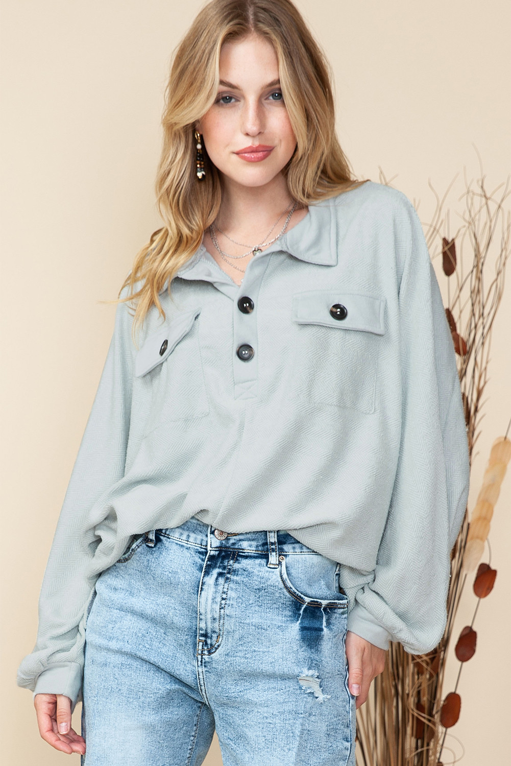 Grey Solid Color Henley Long Sleeve Sweatshirt with Chest Pockets