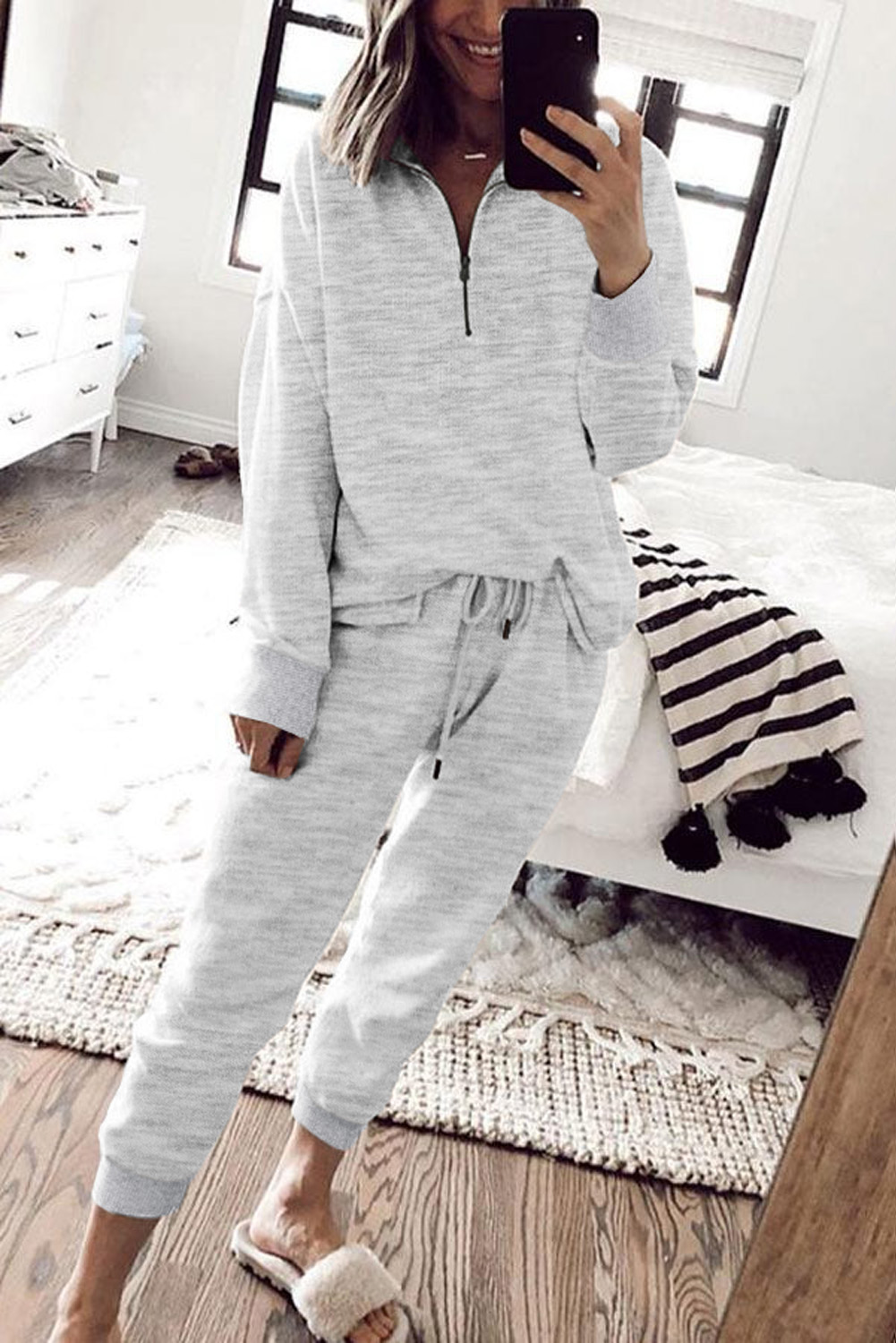 Shewin Wholesale WESTERN Gray Solid Color Half Zipped Top and Drawstring Pants Loungewear Set