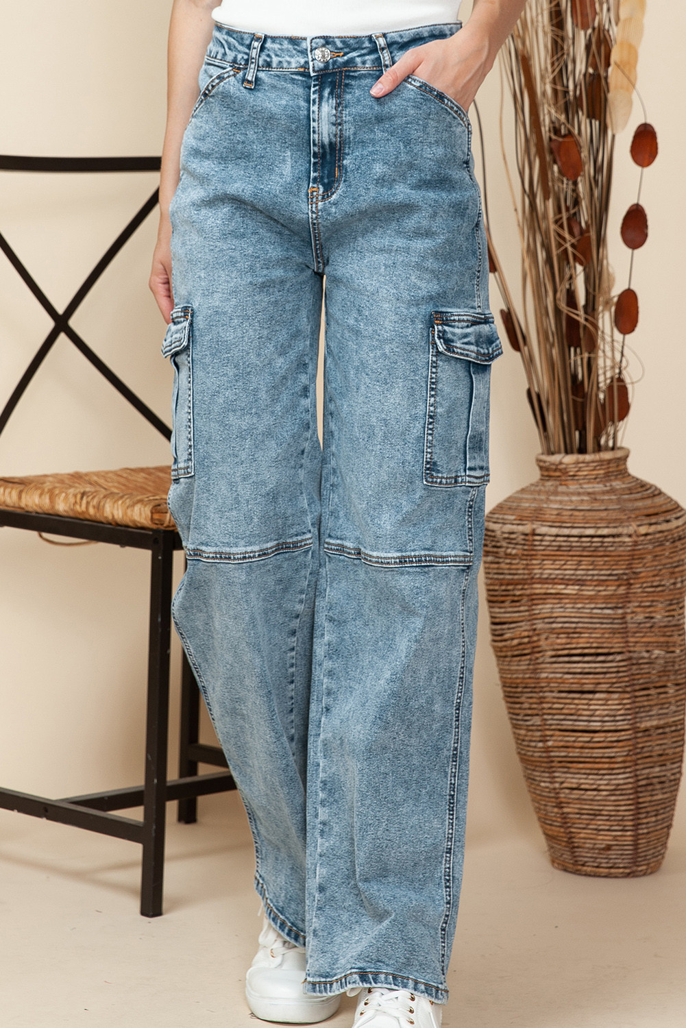 Sky Blue Flap Pocket High Waist Cargo Jeans