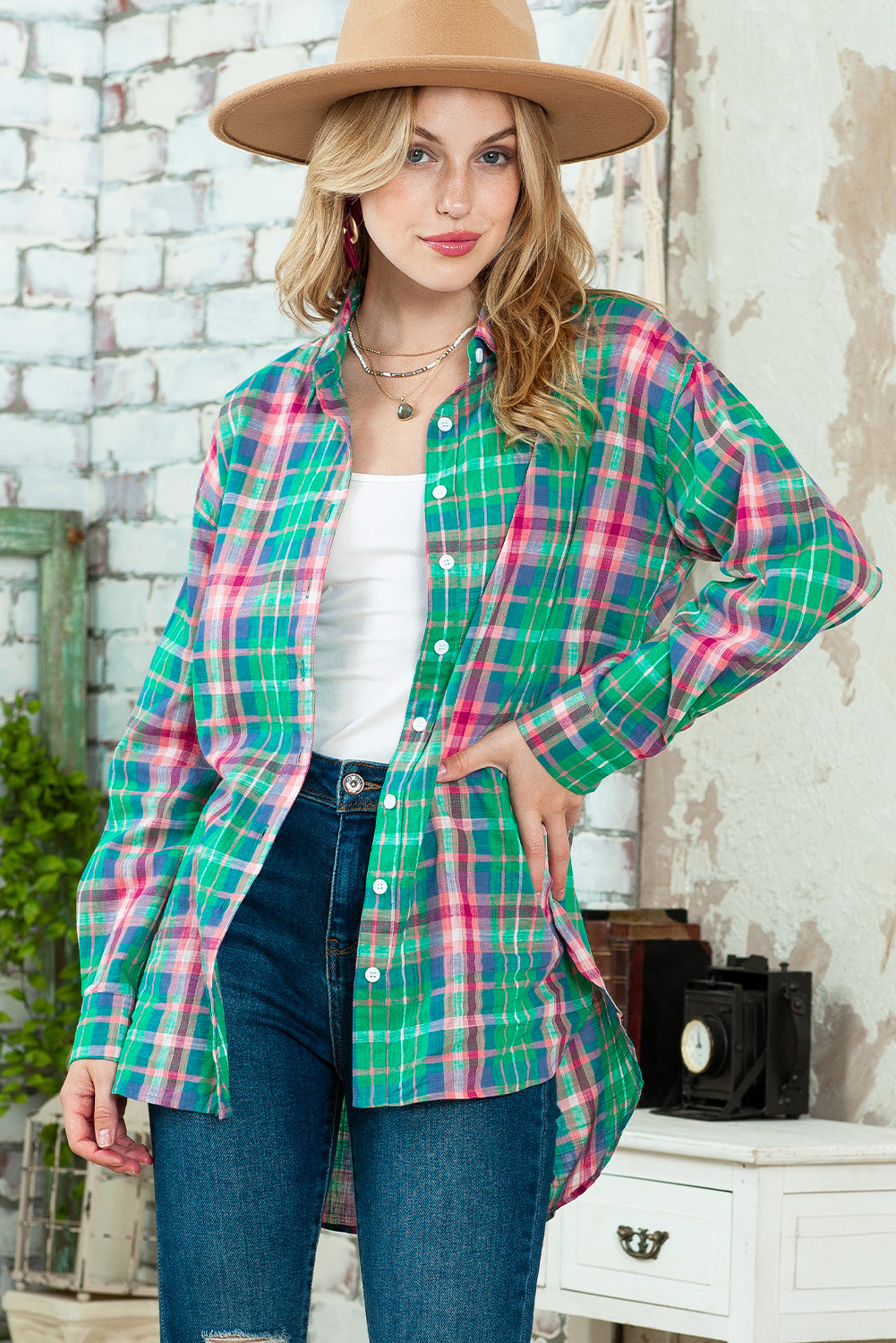 Green Plaid Long Sleeve Button Down Split Shacket