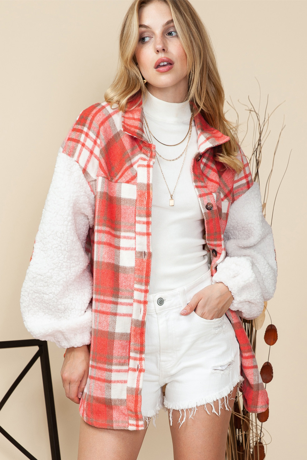 Red Plaid Print Sherpa Sleeve Shacket