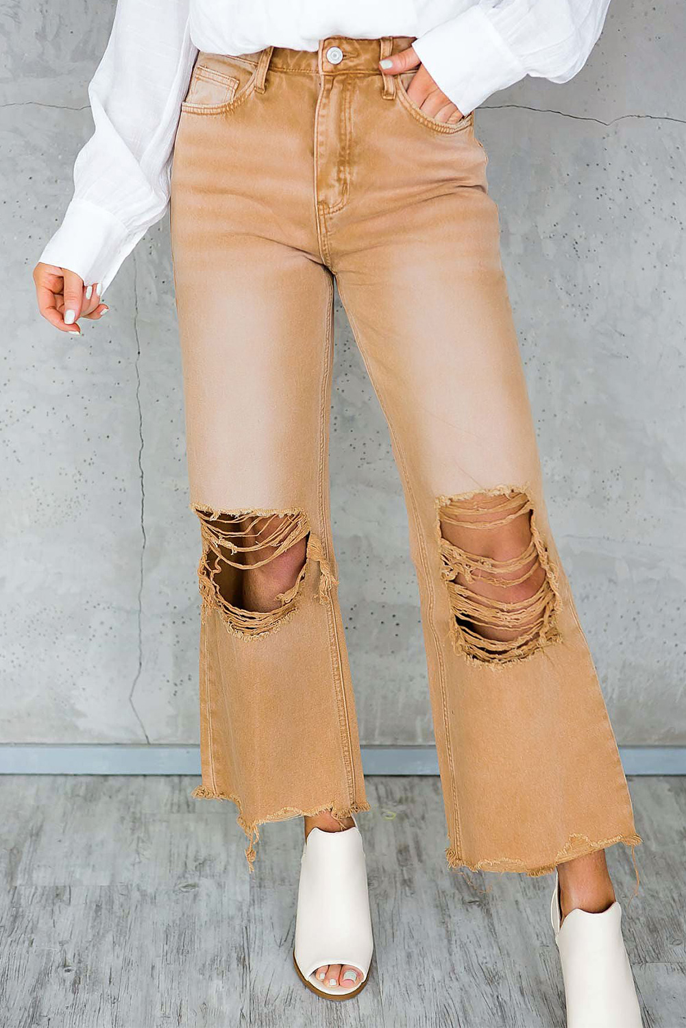Shewin Wholesale Southern Brown Distressed Hollow-out High Waist Flare JEANS