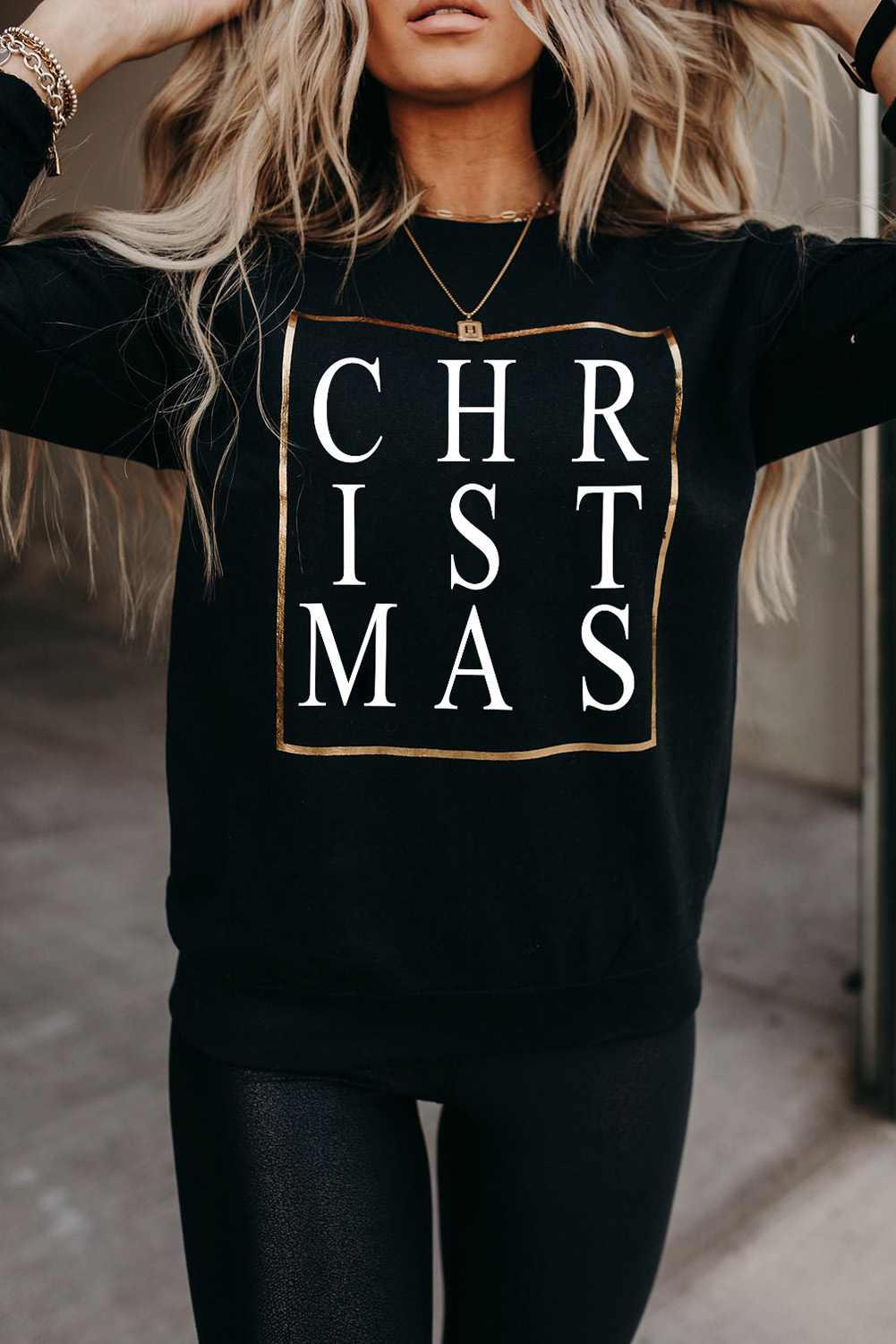 Shewin Wholesale Southern Black CHRISTMAS Glitter Print Crew Neck Graphic Sweatshirt