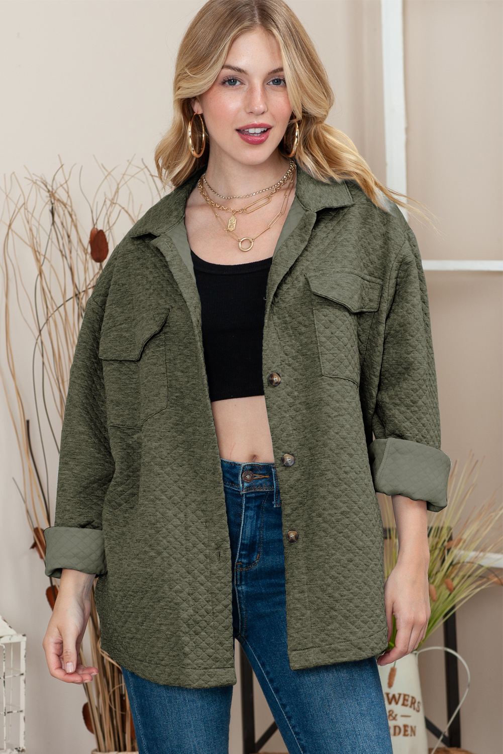 Green Lattice Texture POCKETS Button Up Quilted Shacket