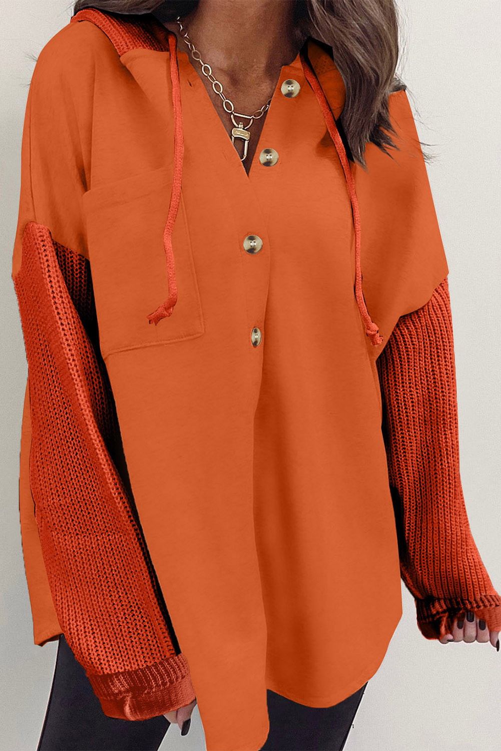 Gold Flame Button Up Contrast Knitted Sleeves Hoodie