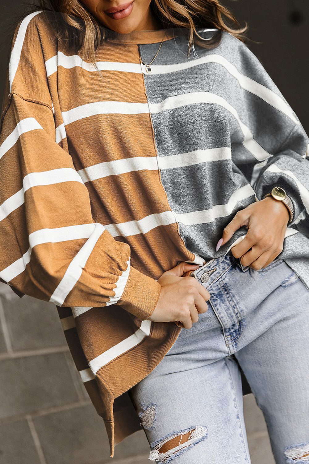 Gray Contrast Striped Oversized Drop Shoulder Top