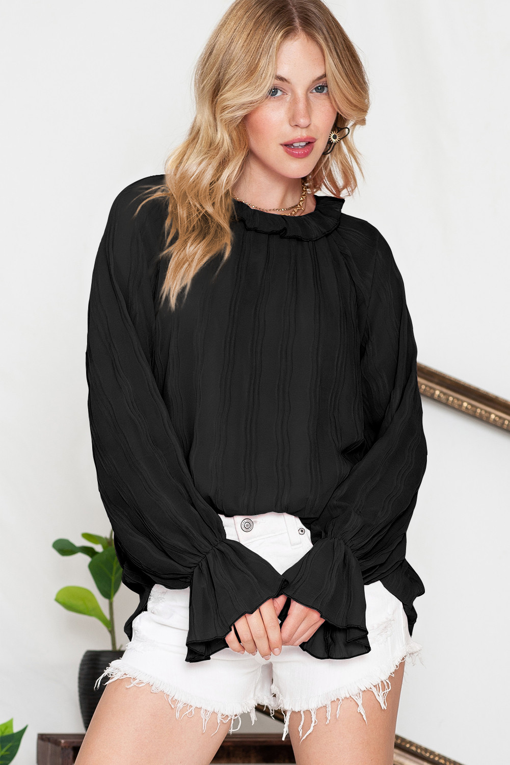 Black Crinkle Frilled Neck Pleated Long Sleeve Blouse