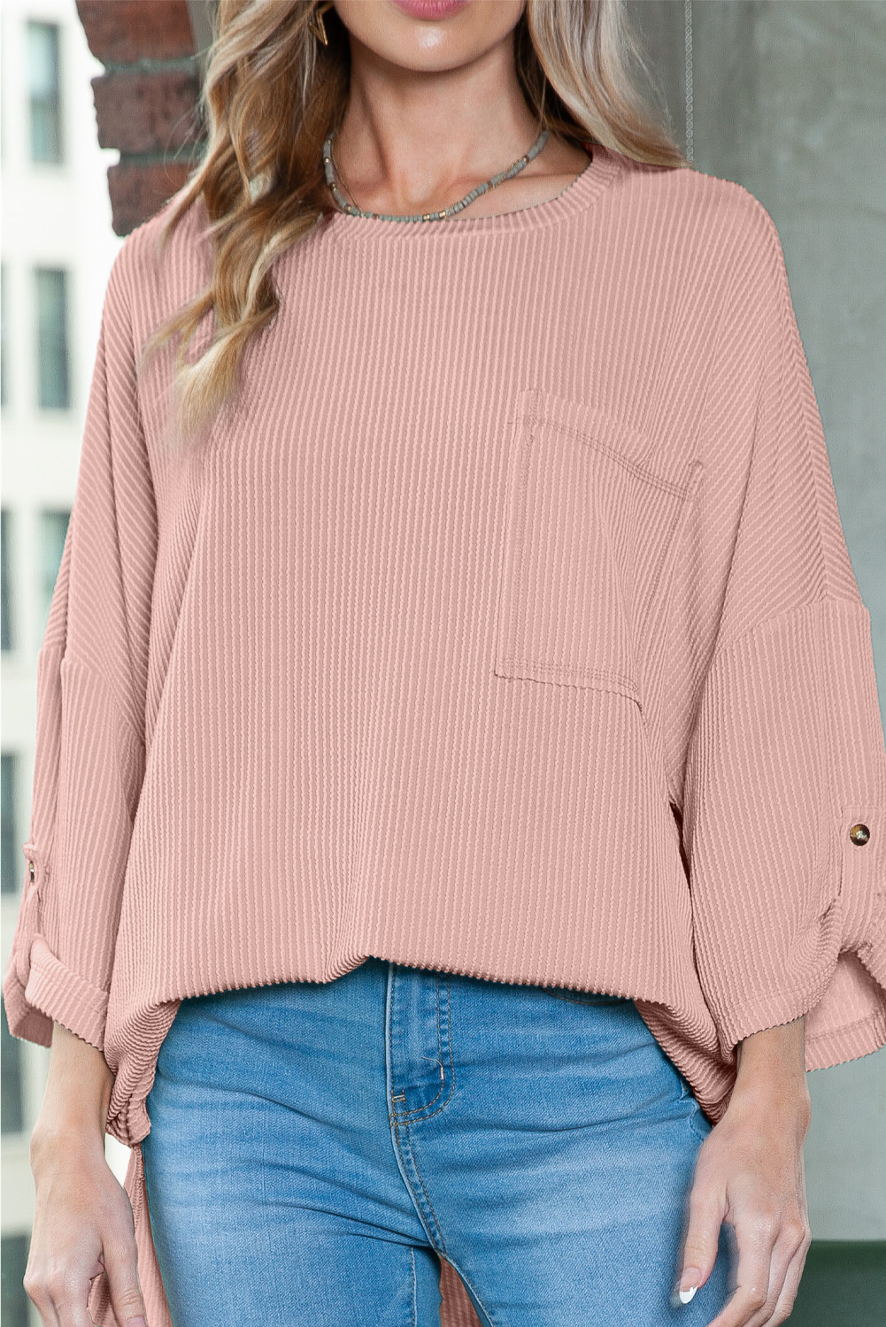 Pink Ribbed Roll-tab Sleeve Chest Pocket Oversize Top
