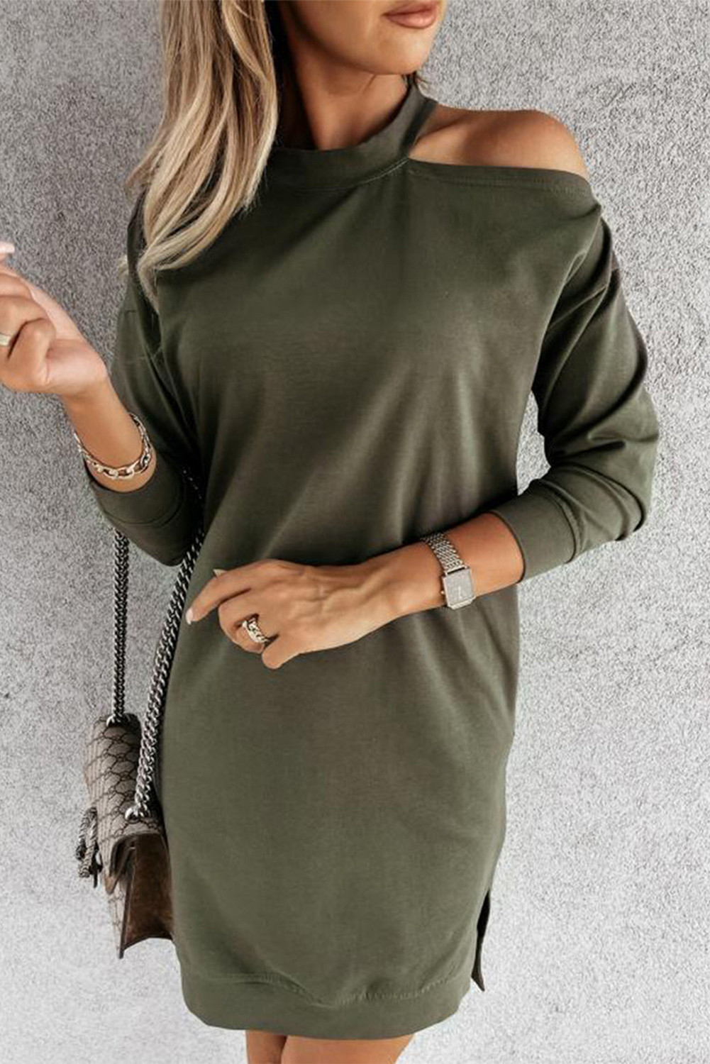 Green Solid Color Single Cold Shoulder Short T Shirt Dress