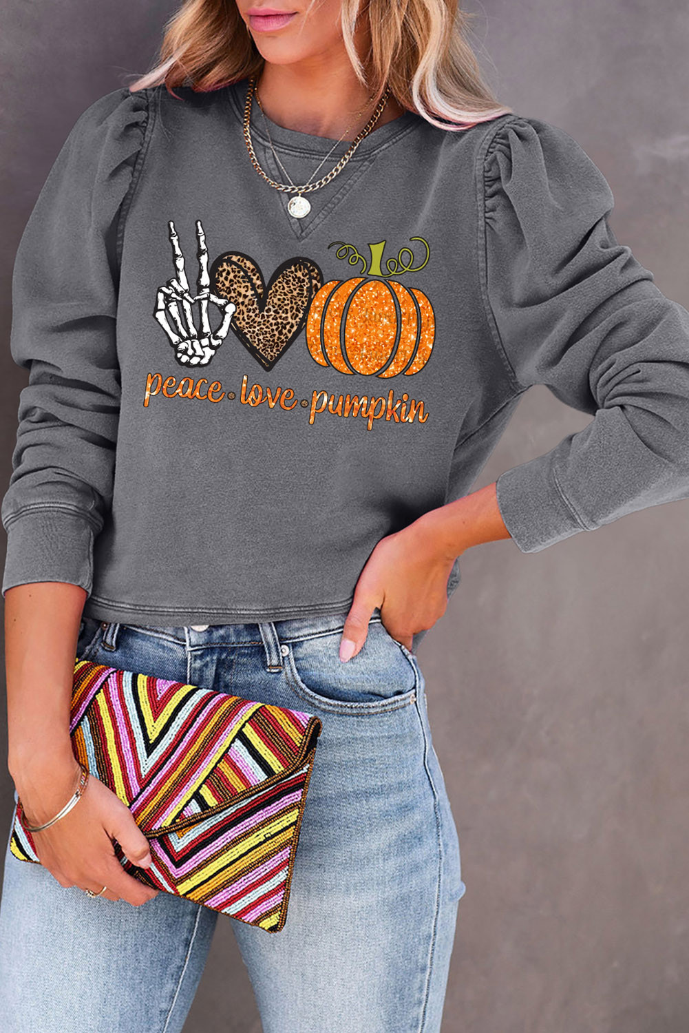 Gray Halloween Slogan Puff Sleeve Graphic Sweatshirt