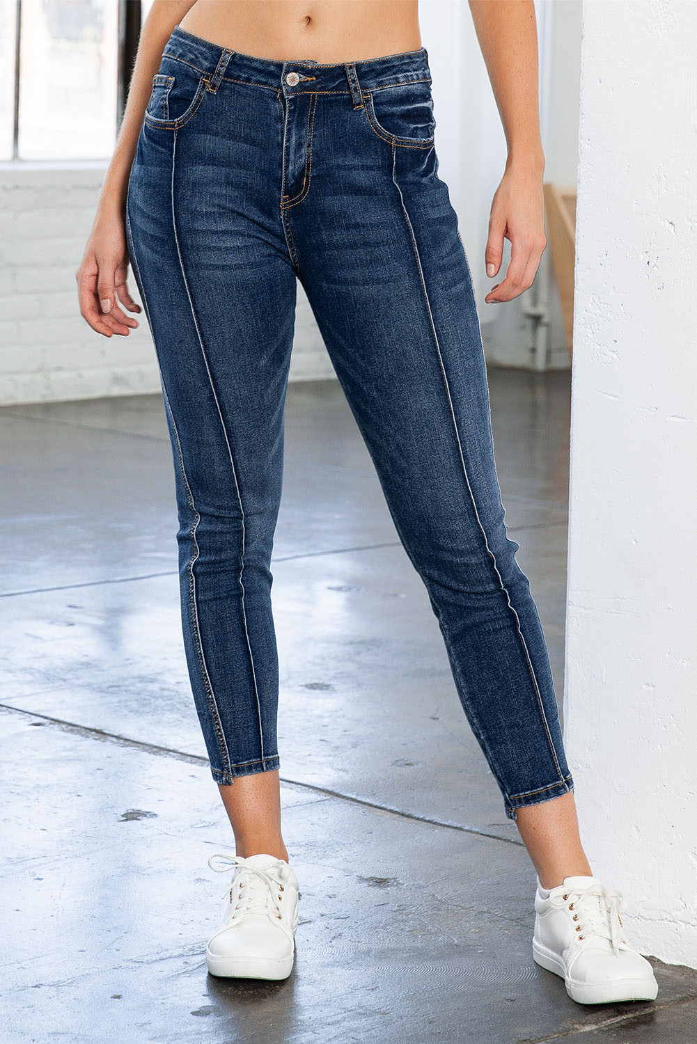 Blue Front Seam Dark Wash High Waisted Skinny Jeans