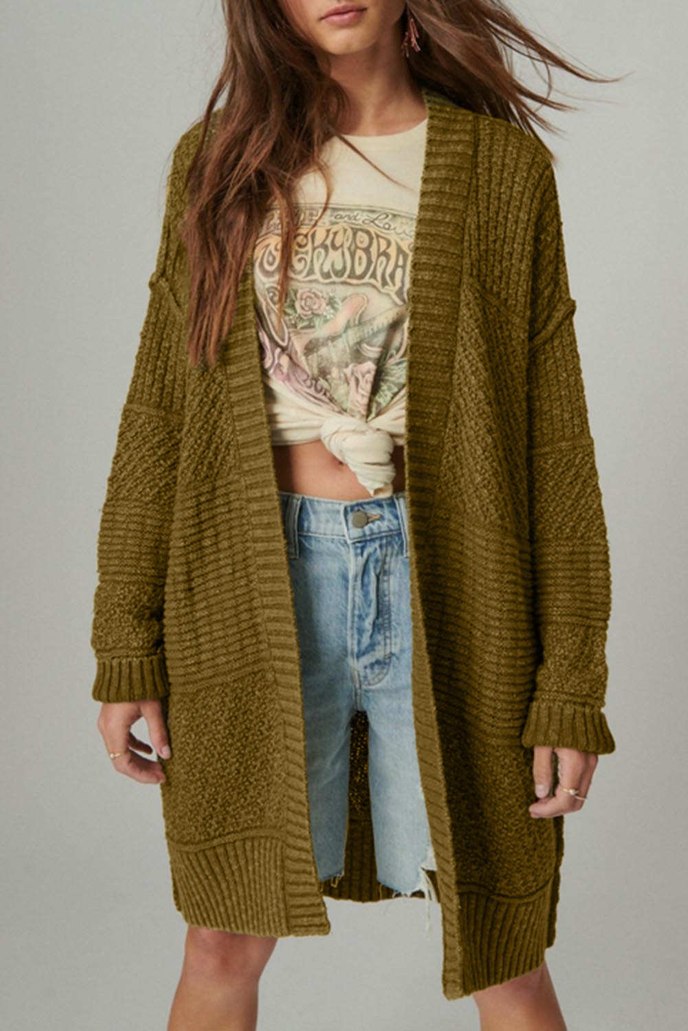 Green Casual Open Front Long Knit Cardigan