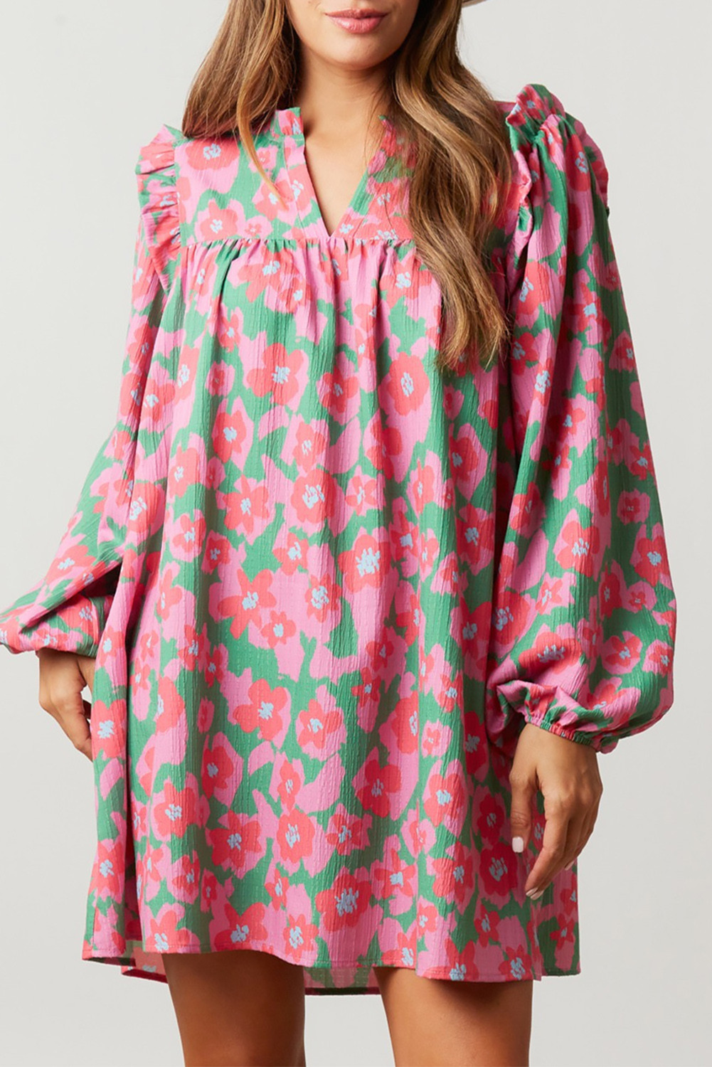 Pink Floral Print Frill Notch Neck Ruffled Tunic Dress
