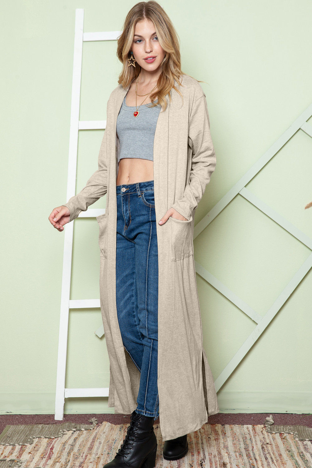 Apricot Open Front Pocketed Duster Long Cardigan with Slits