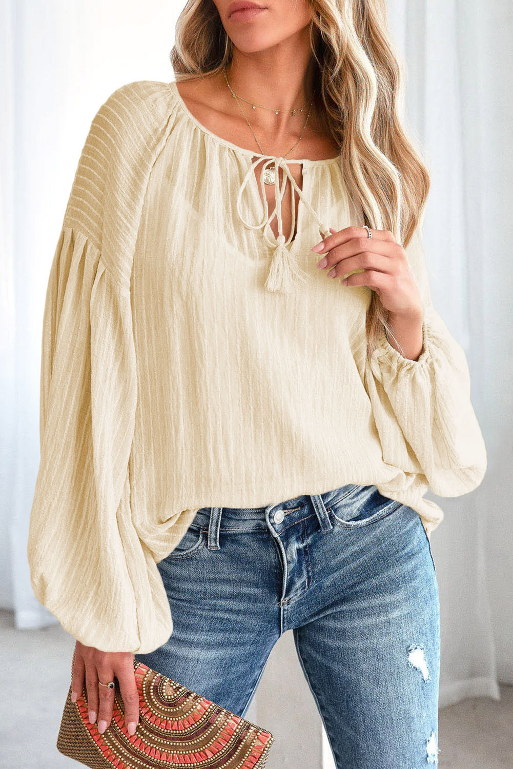 Apricot Lantern Sleeve Tassel Tied Drawstring Blouse