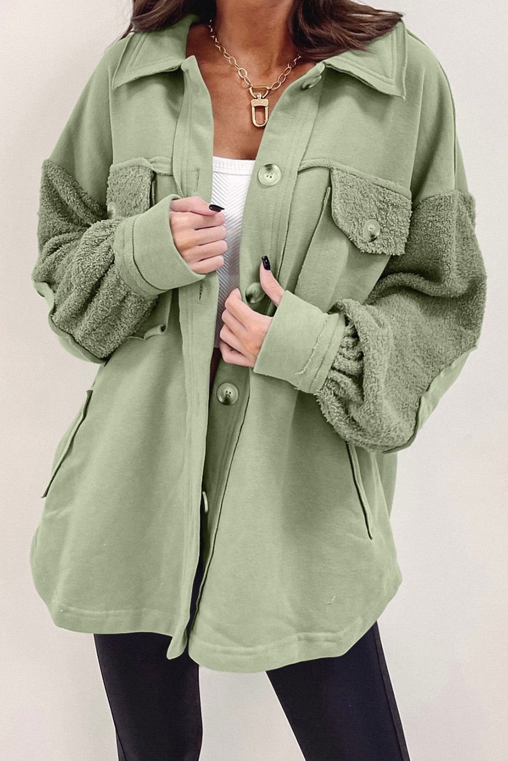 Green Exposed Seam and Furry Patchwork Oversized Shacket