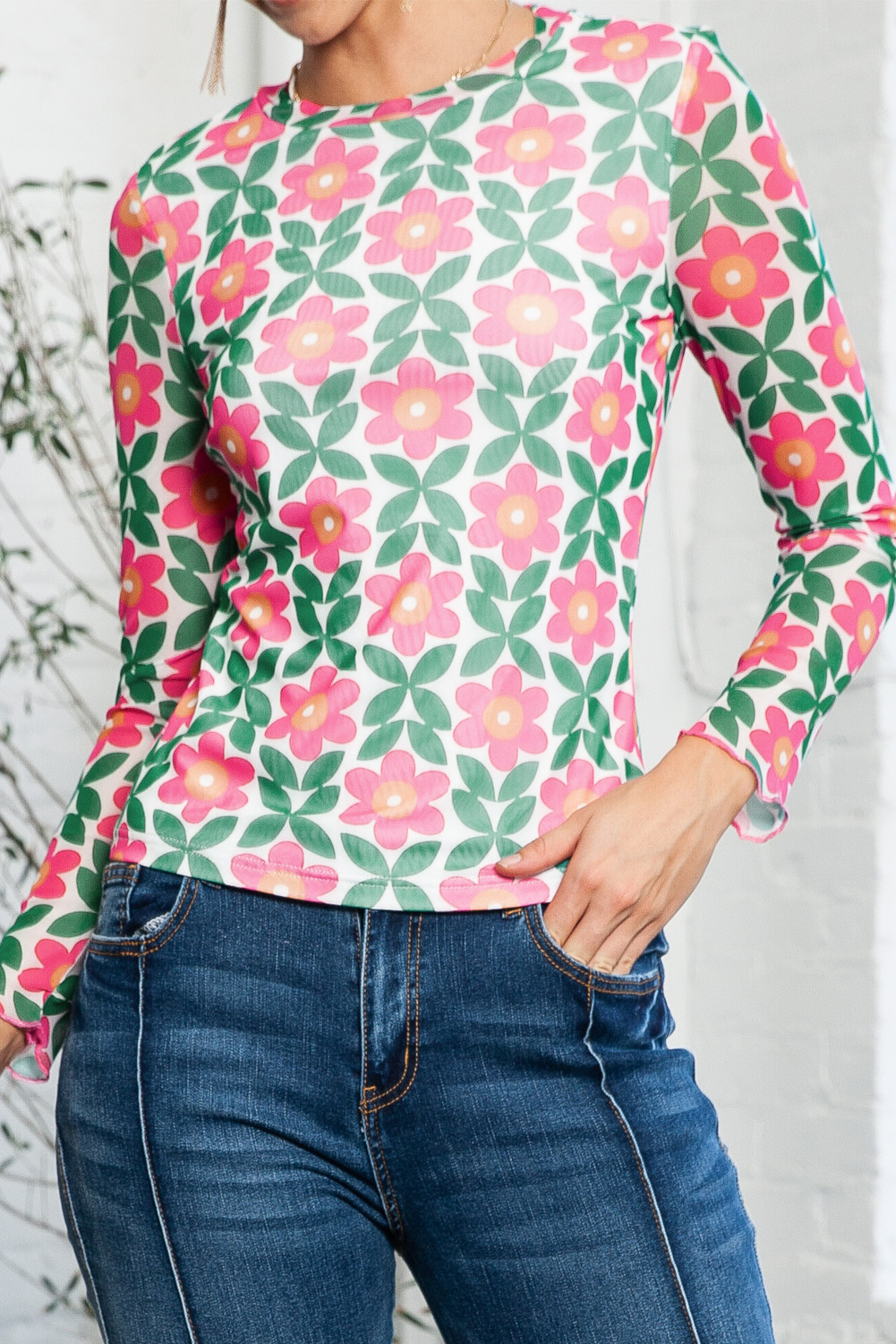 Red Floral Print Crew Neck Long Sleeve Blouse