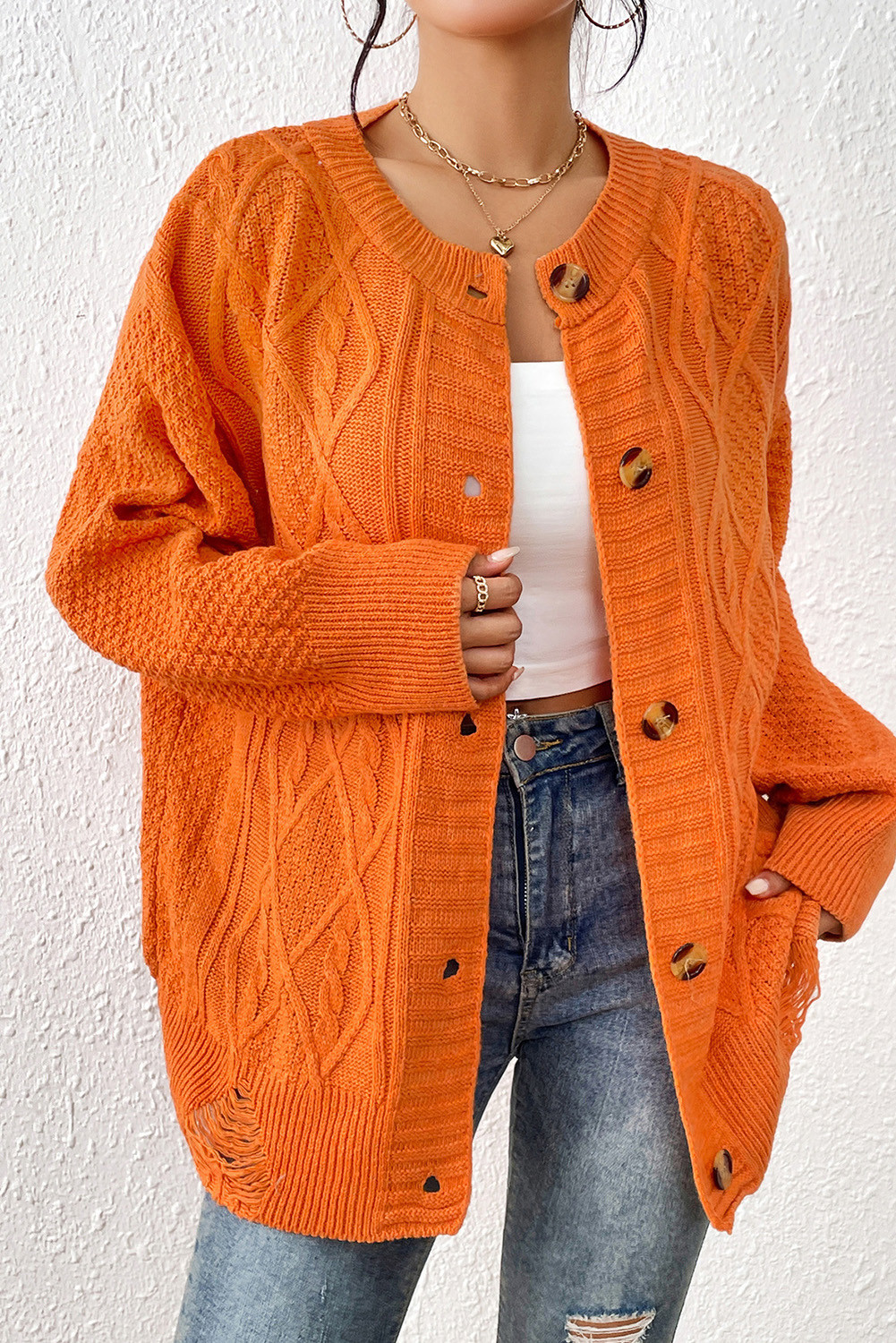 Russet Orange Casual Button Up Texture Cardigan