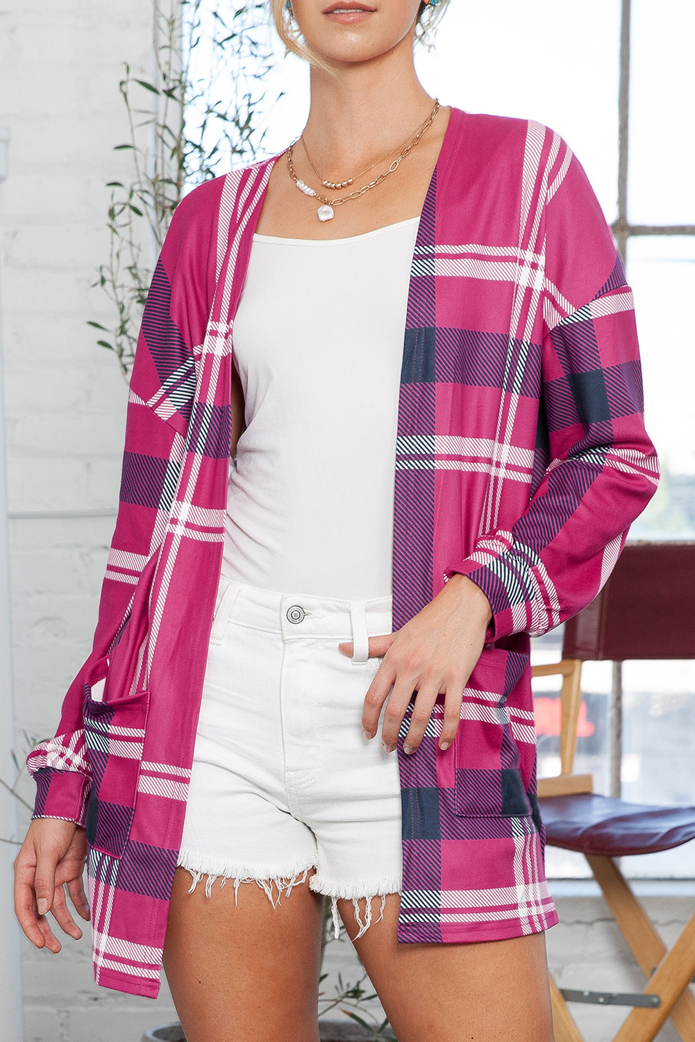 Red Plaid Casual Drop Shoulder Pocketed Cardigan