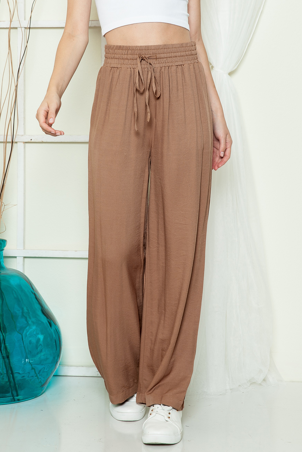 Shewin Wholesale Clothes Distributor Brown Casual Drawstring Shirred Elastic Waist Wide Leg PANTS