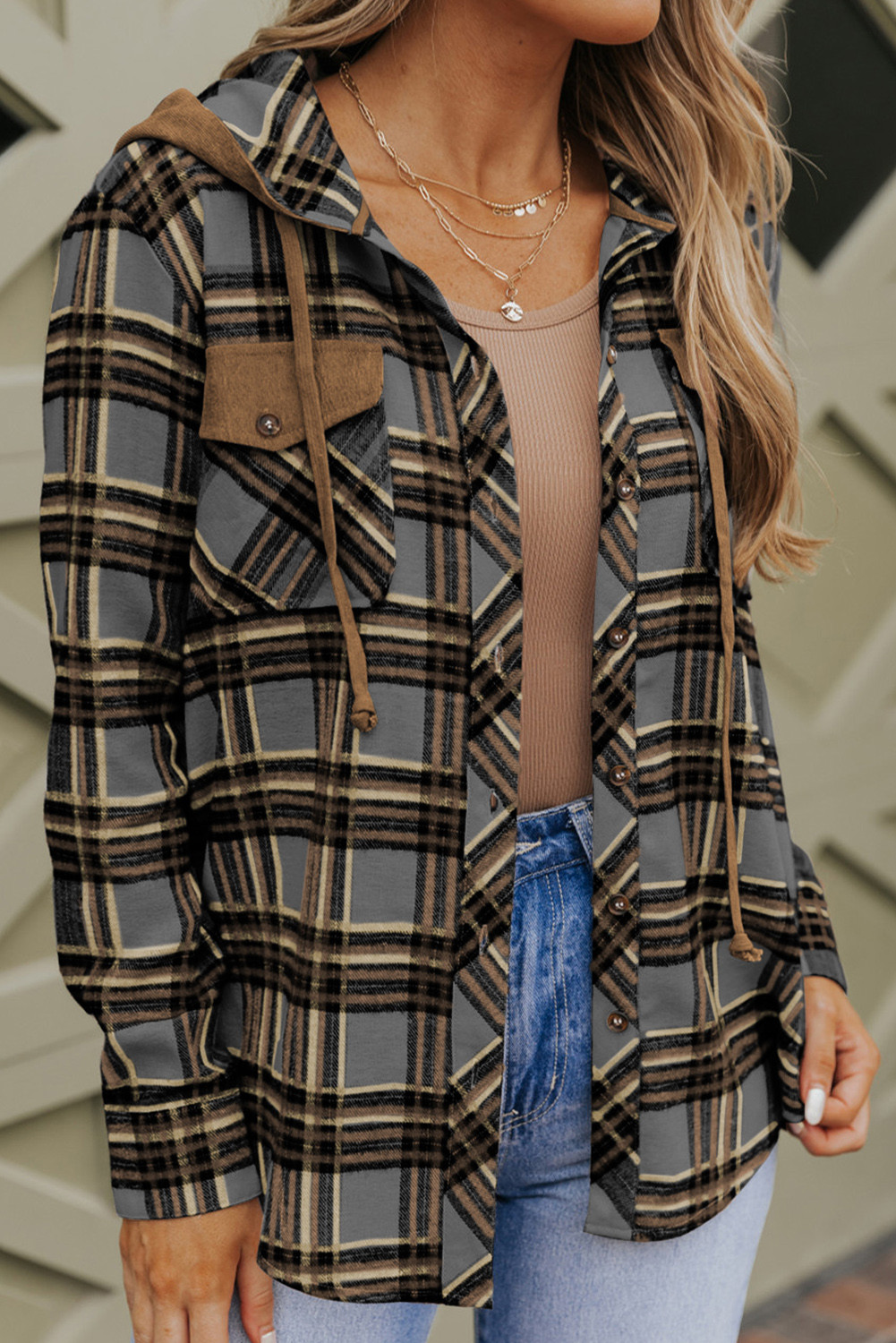 Gray Plaid Pockets Drawstring Hooded Shacket