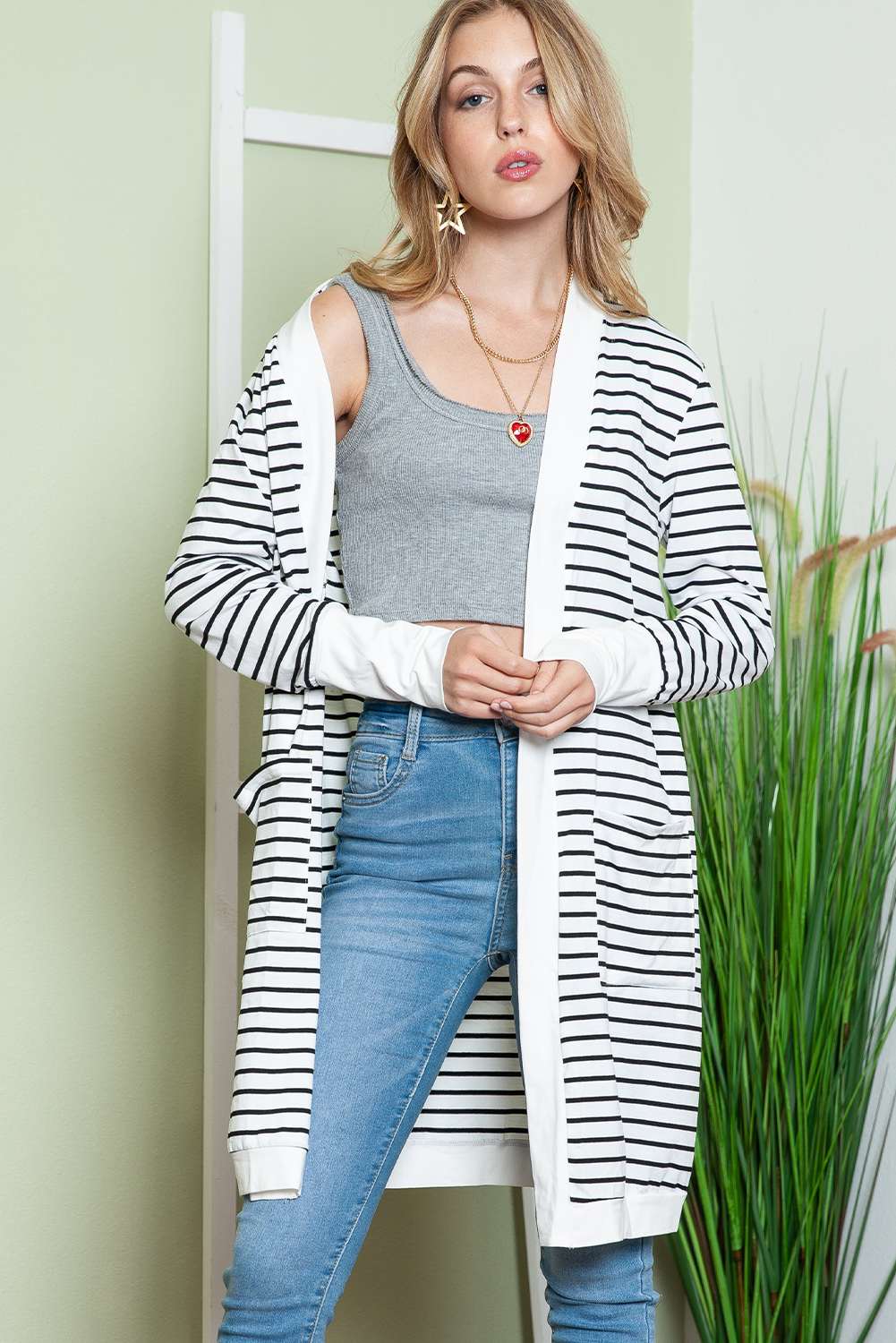 White Striped Side Pockets Open Front Long Cardigan