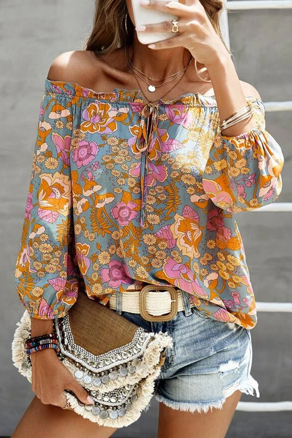 Blue Frilled Off Shoulder Boho Floral Blouse