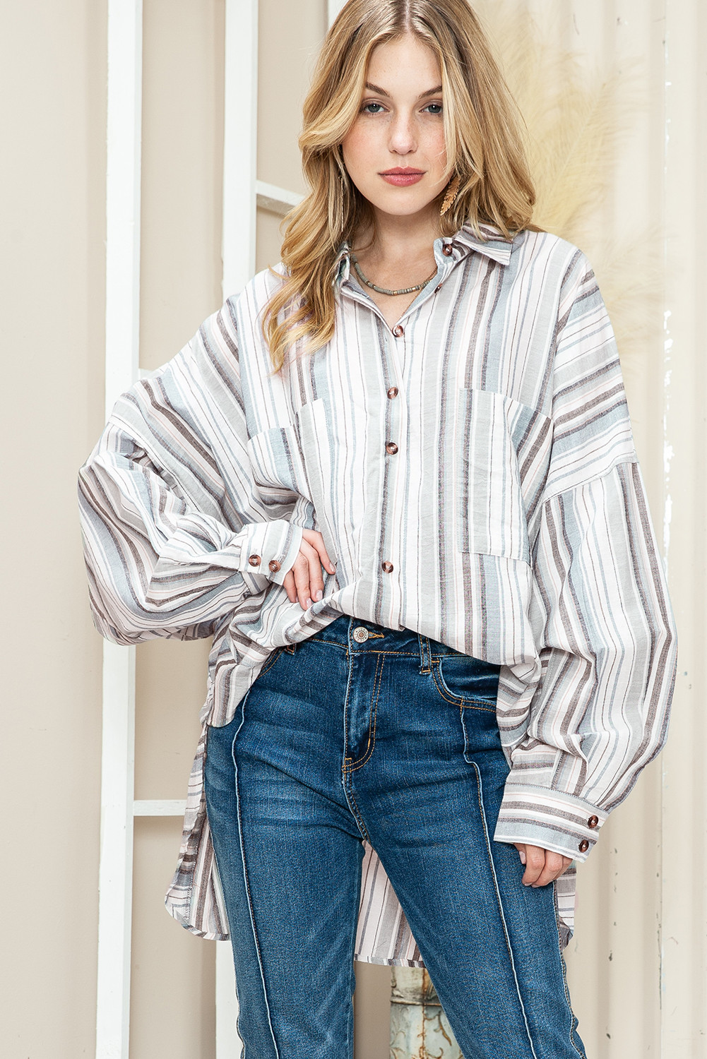 Striped Button Up Drop Shoulder Loose Shirt