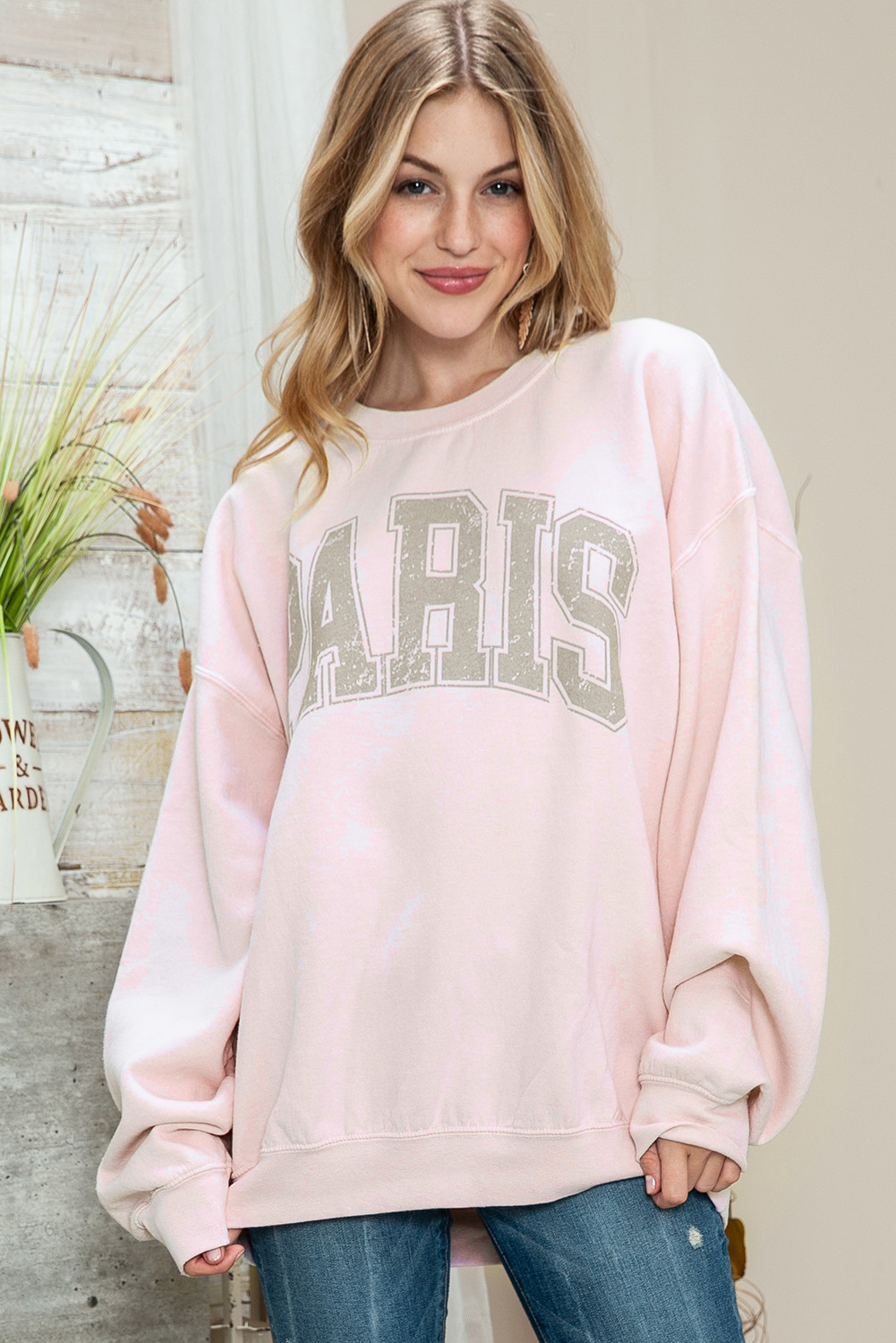 Pink PARIS Letter Print Drop Shoulder Oversized Sweatshirt