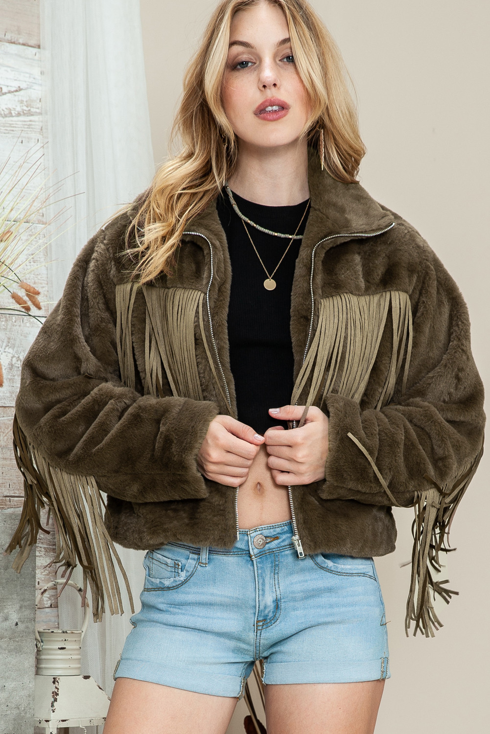 Brown Faux Fur Fringe Zip Up Jacket with Pockets