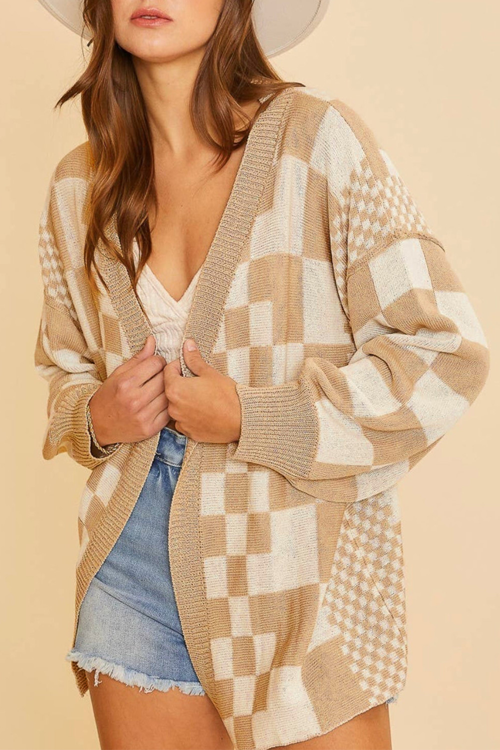 Khaki Plaid Colorblock Open Front Cardigan