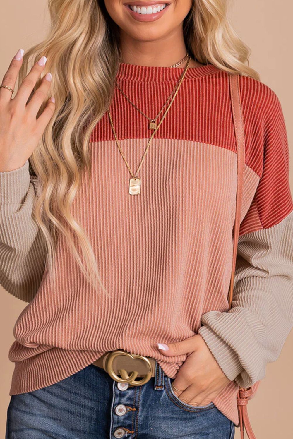 Shewin Wholesale WESTERN Red Color Block Cording Loose Long Sleeve Top