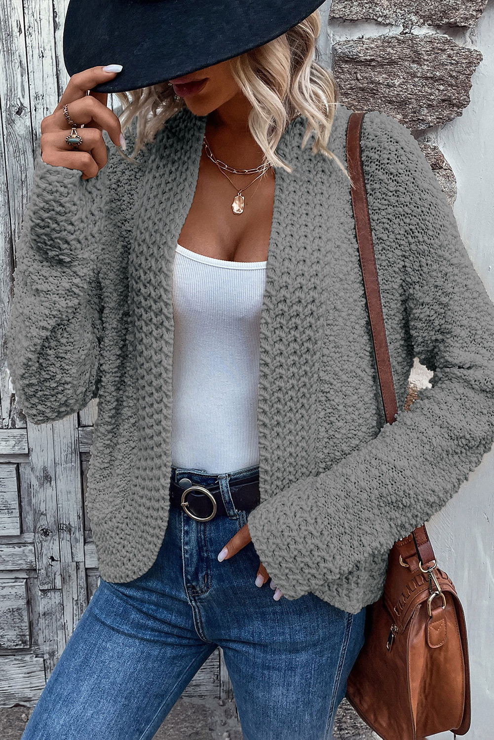 Gray Popcorn Knit Open Front Cardigan