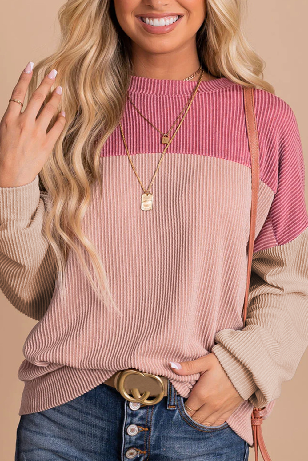 Pink Color Block Cording Loose Long Sleeve Top