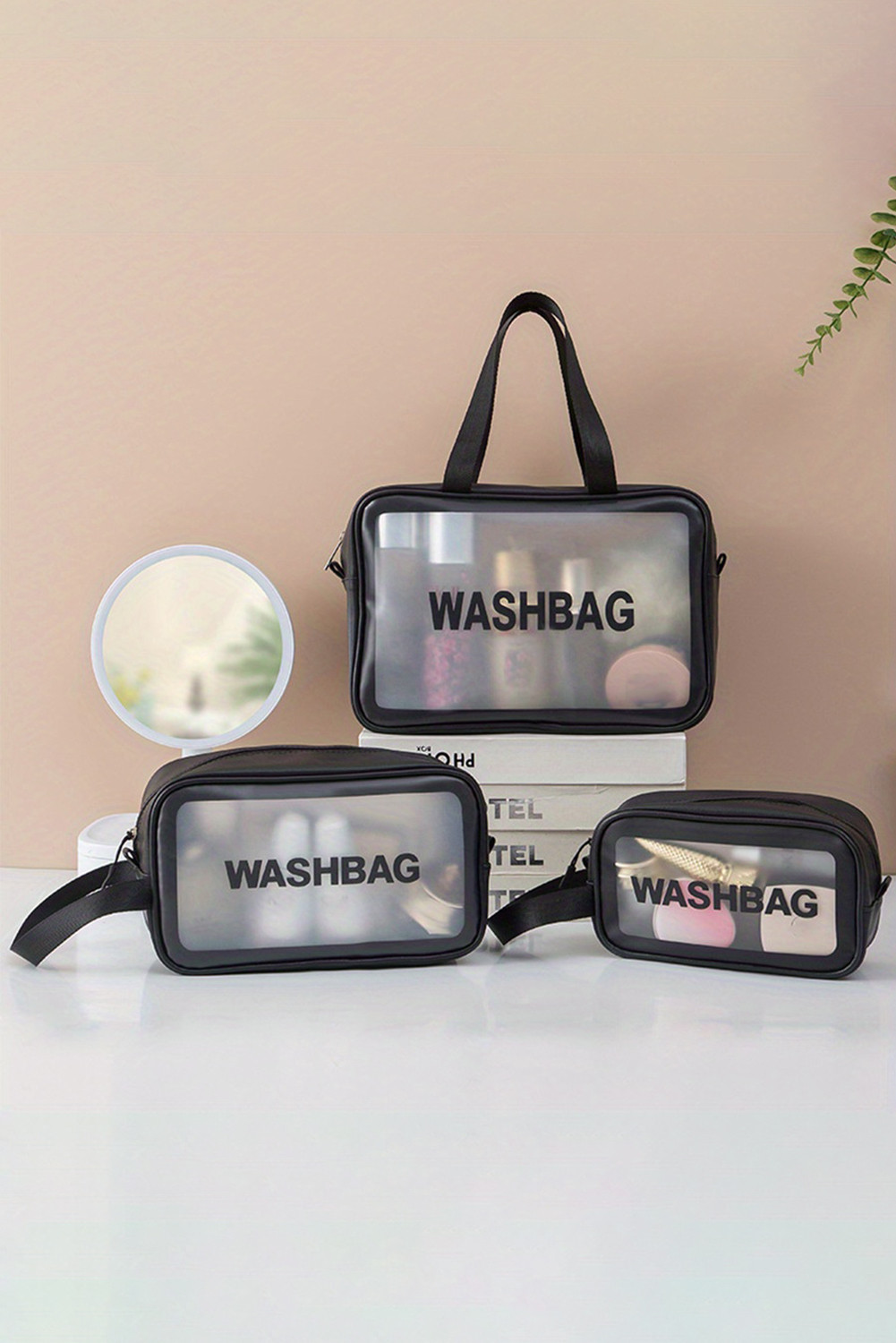 Black WASHBAG Print Clear Frosted Waterproof Bag Set