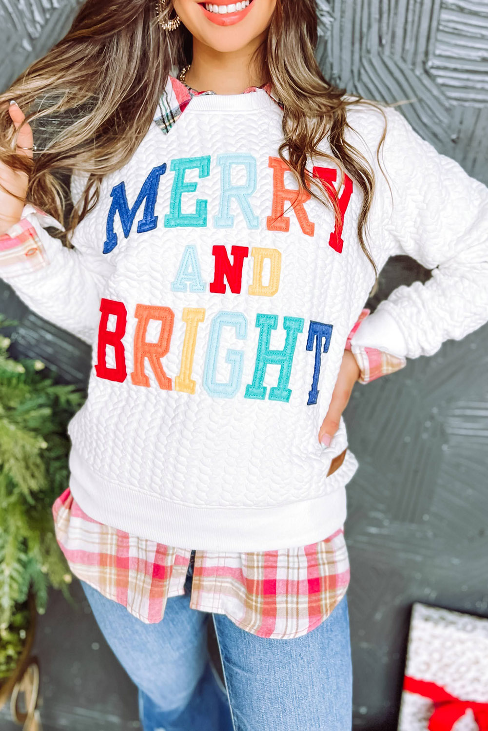 Shewin Dropshippers White Merry and Bright Quilted SWEATSHIRT