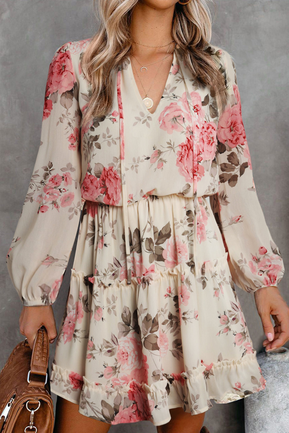 Beige Floral Split Neck Cinched Waist Ruffle Short Dress